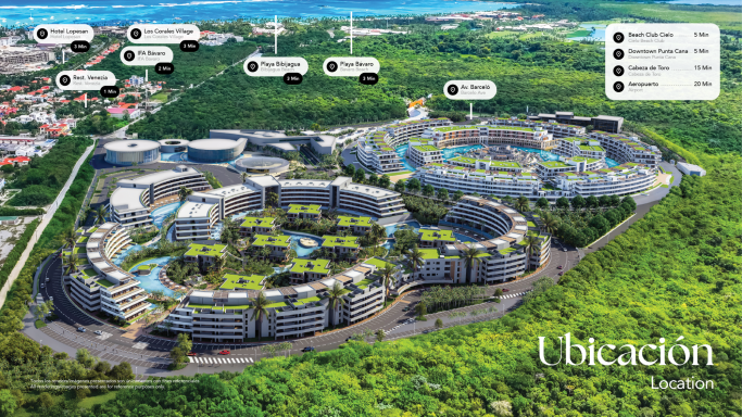 DER TOURISMUS BOOMT Luftaufnahme eines modernen Resortkomplexes mit grünen Flächen und Poolanlagen.